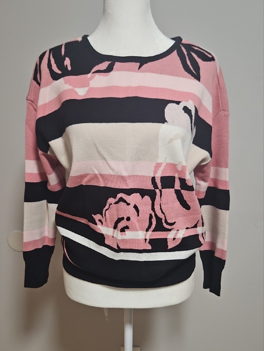 Alfani Pink, Black & White Striped Floral Crewneck Sweater